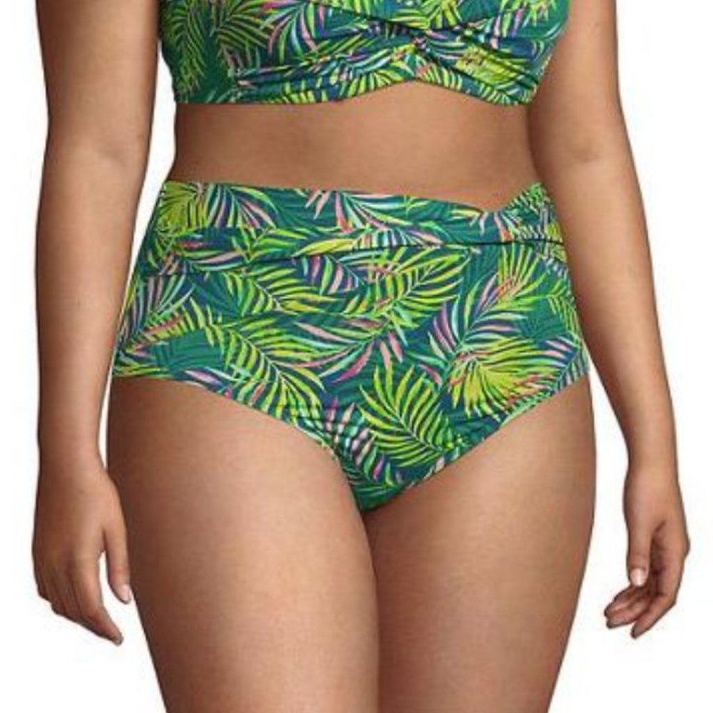 Lands' End Twist Front Bikini Bottoms Plus Size 16 Swimsuit Teal Palm Pr…